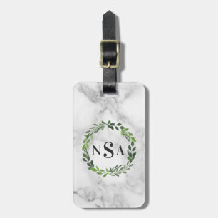 Marble watercolor wreath monogram luggage tag