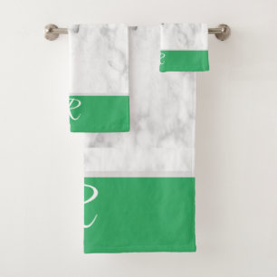 Marble White and Green Monogram Initial Bath Towel Set