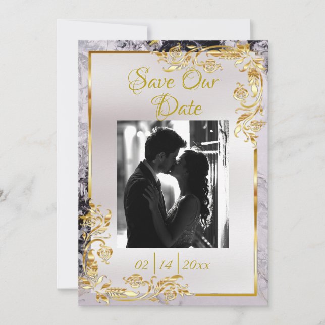 Marble & White, Gold Frame, Gold Heart Save The Date (Front)