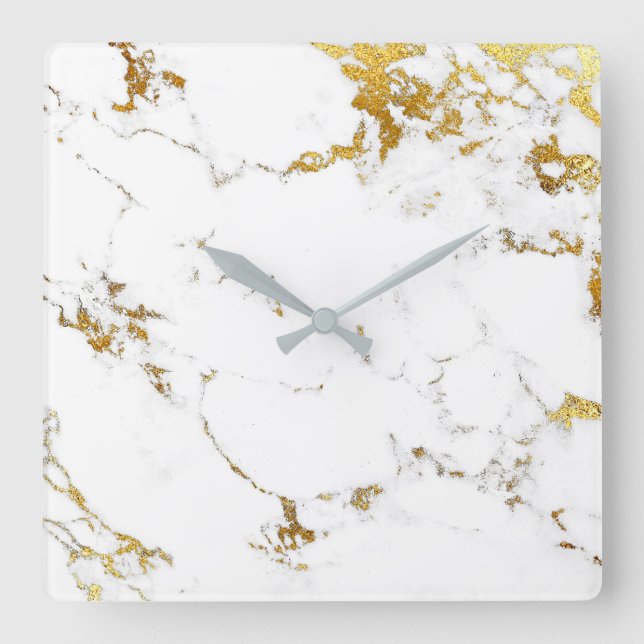 Marble White Gold Grey Carrara Abstract Minimal Square Wall Clock (Front)