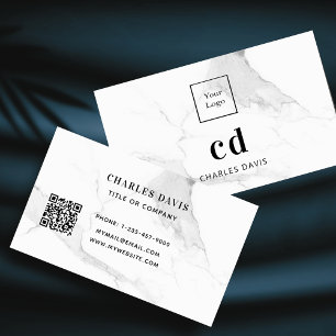 Marble white monogram initials Qr code logo Business Card