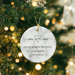 Marble white mr mrs elegant newly weds christmas ceramic ornament<br><div class="desc">Decorated with mr mrs with a heart. A chic white black marble stone print background. Personalize and add your names and your wedding date.  Black text.</div>