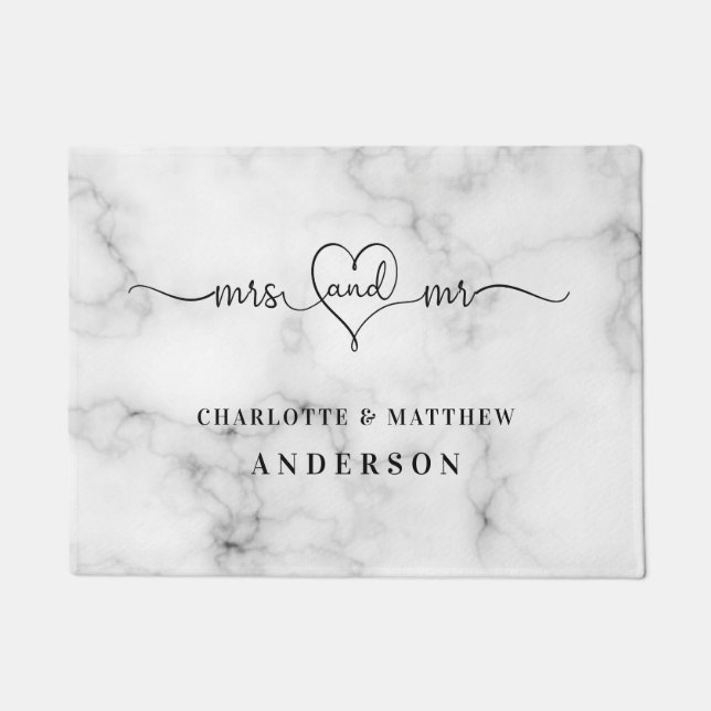 Marble white names mr mrs elegant newly weds  doormat (Front)