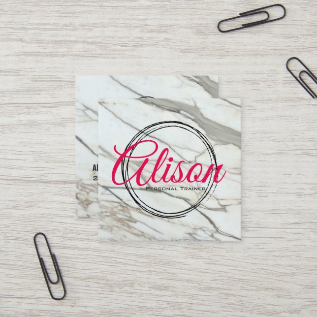 Marble white pink calligraphy letters square card. square business card (Front/Back In Situ)