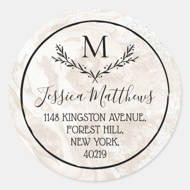 Marble & Wreath Custom Monogram Return Address Classic Round Sticker (Front)