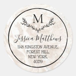Marble & Wreath Custom Monogram Return Address Classic Round Sticker