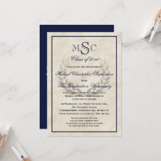 Marble Wreath Monogram Classic College Graduation  Invitation