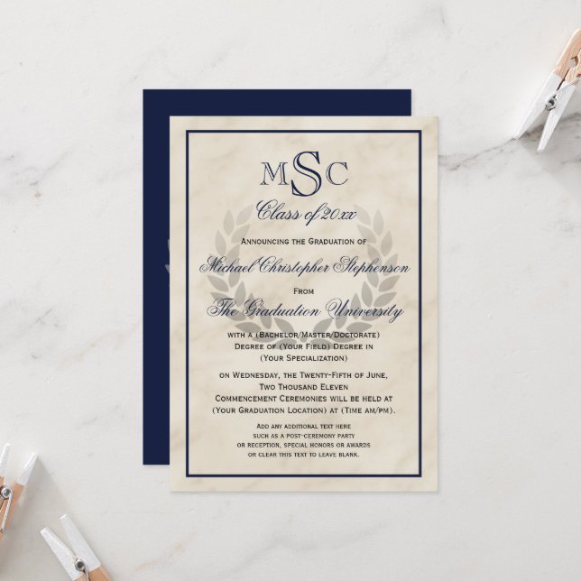 Marble Wreath Monogram Classic College Graduation  Invitation (Front/Back In Situ)