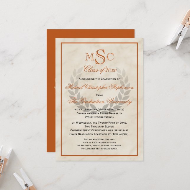 Marble Wreath Monogram Classic College Graduation  Invitation (Front/Back In Situ)
