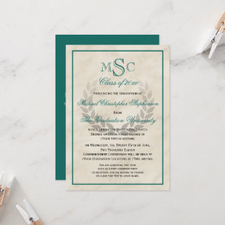 Marble Wreath Monogram Classic College Graduation  Invitation