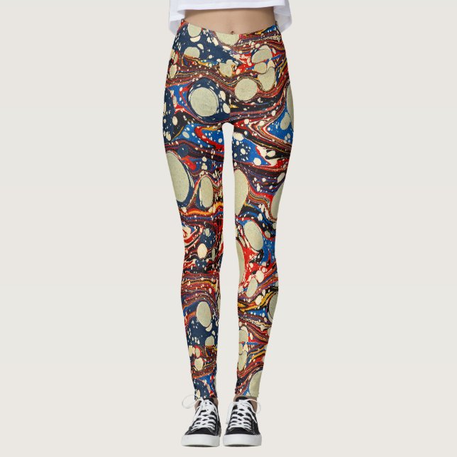 MARBLED ABSTRACT RED BLUE SWIRLS,WHITE CIRCLES LEGGINGS (Front)