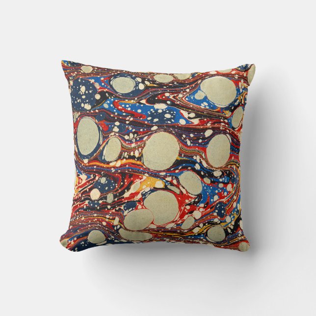 MARBLED ABSTRACT RED BLUE SWIRLS,WHITE CIRCLES THROW PILLOW (Front)