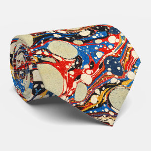 MARBLED ABSTRACT RED BLUE SWIRLS,WHITE CIRCLES TIE