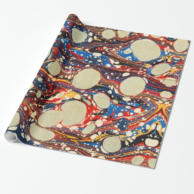 MARBLED ABSTRACT RED BLUE SWIRLS,WHITE CIRCLES WRAPPING PAPER (Unrolled)