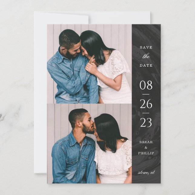 Marbled Band 2-Photo Save the Date Card - Black (Front)