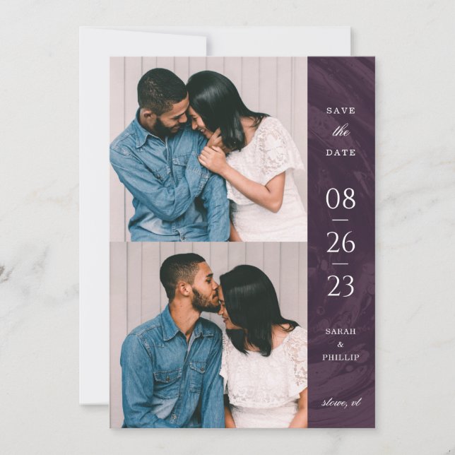 Marbled Band 2-Photo Save the Date Card - Purple (Front)