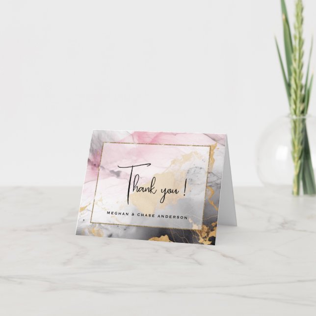 Marbled Black Gold Rose Pink  Thank You Card (Front)