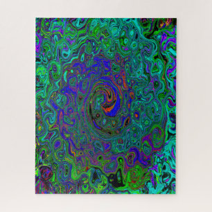 Marbled Blue and Aquamarine Abstract Retro Swirl Jigsaw Puzzle