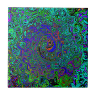 Marbled Blue and Aquamarine Abstract Retro Swirl Tile