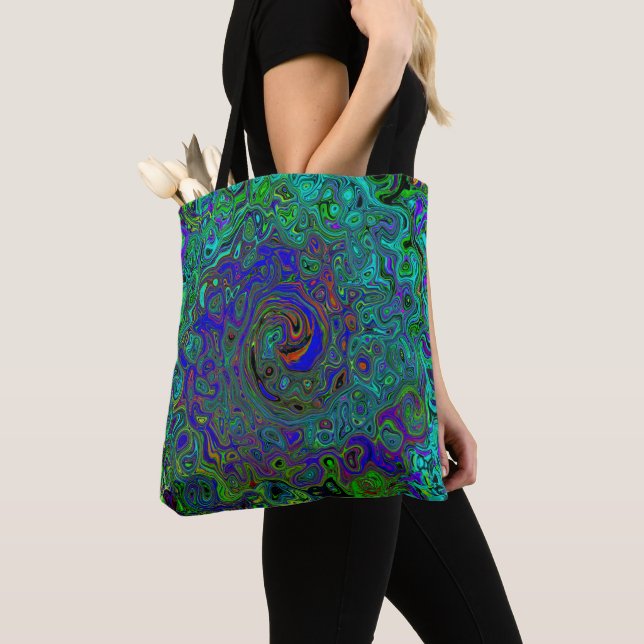 Marbled Blue and Aquamarine Abstract Retro Swirl Tote Bag (Close Up)