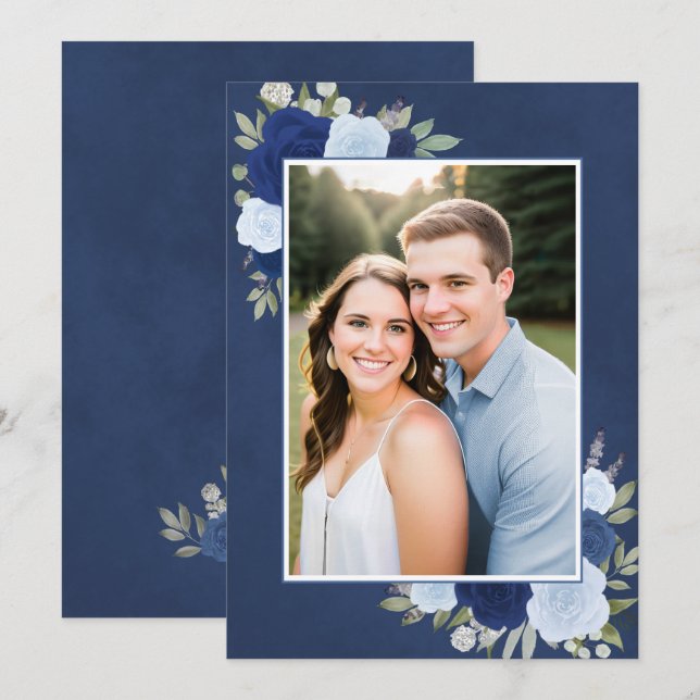 Marbled Blue Boho Roses Photo Underlay Wedding Invitation (Front/Back)
