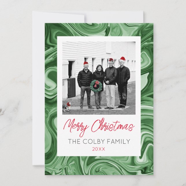 Marbled Christmas Photo Card Family Name Festive (Front)