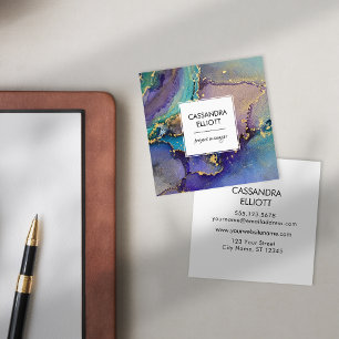 Marbled Colourful Gold Abstract Liquid Art Square Business Card