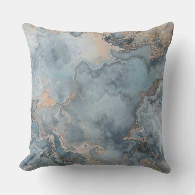 Marbled Dusty Blue Grey Tan Contemporary Throw Pillow (Front)