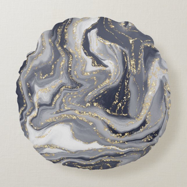 Marbled Grey, White and Gold Round Pillow (Front)