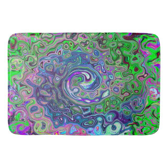 Marbled Lime Green and Purple Abstract Retro Swirl Bath Mat (Front)