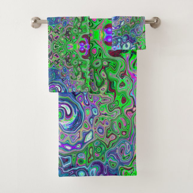 Marbled Lime Green and Purple Abstract Retro Swirl Bath Towel Set (Insitu)