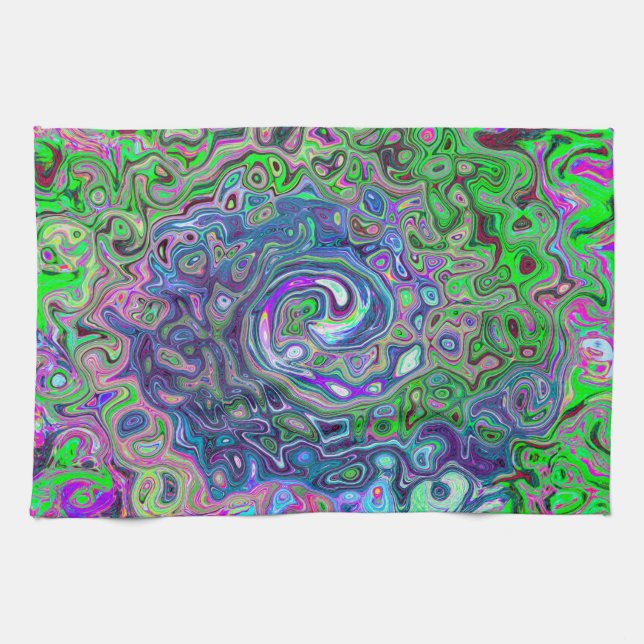 Marbled Lime Green and Purple Abstract Retro Swirl Kitchen Towel (Horizontal)