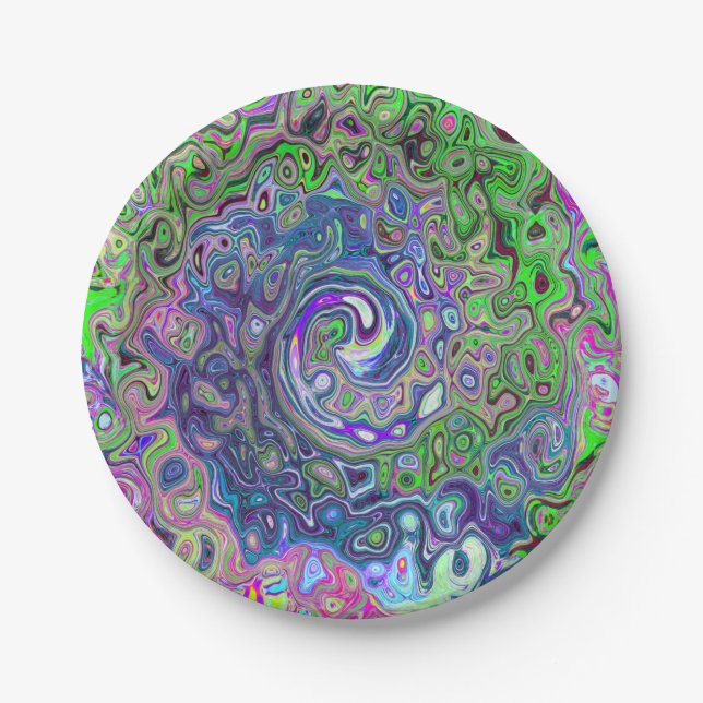 Marbled Lime Green and Purple Abstract Retro Swirl Paper Plate (Front)
