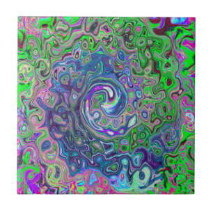 Marbled Lime Green and Purple Abstract Retro Swirl Tile