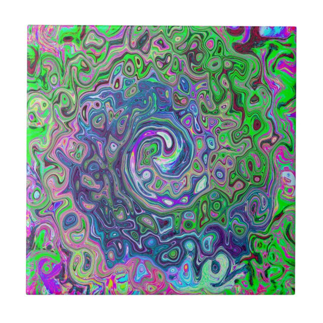 Marbled Lime Green and Purple Abstract Retro Swirl Tile (Front)