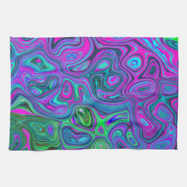 Marbled Magenta and Lime Green Groovy Abstract Art Kitchen Towel (Horizontal)