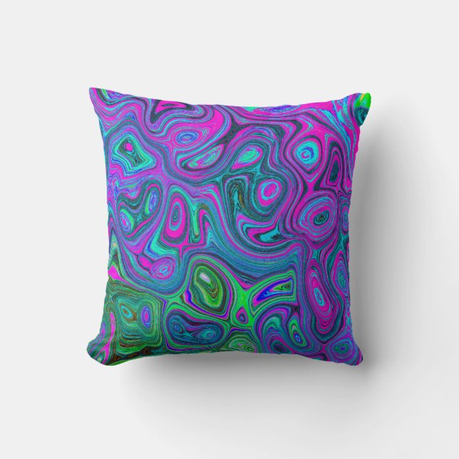 Marbled Magenta and Lime Green Groovy Abstract Art Throw Pillow (Front)