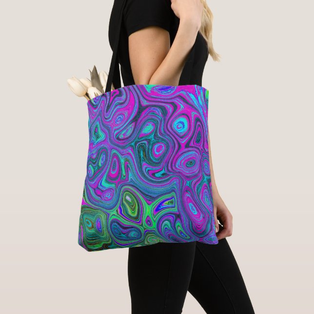 Marbled Magenta and Lime Green Groovy Abstract Art Tote Bag (Close Up)