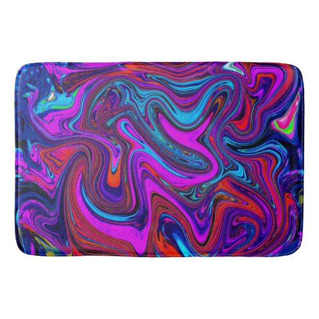 Marbled Magenta, Blue and Red Abstract Art Bath Mat (Front)