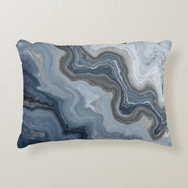 Marbled Navy Blue Light Dusty Blue Abstract Design Accent Pillow (Front)
