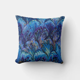 MARBLED PAPER,ABSTRACT BLUE PEACOCK PATTERN,SWIRLS THROW PILLOW
