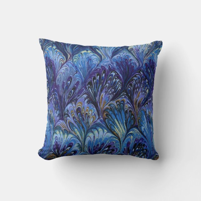 MARBLED PAPER,ABSTRACT BLUE PEACOCK PATTERN,SWIRLS THROW PILLOW (Front)