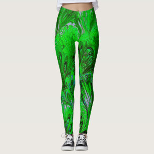MARBLED PAPER,ABSTRACT GREEN PEACOCK PATTERN LEGGINGS