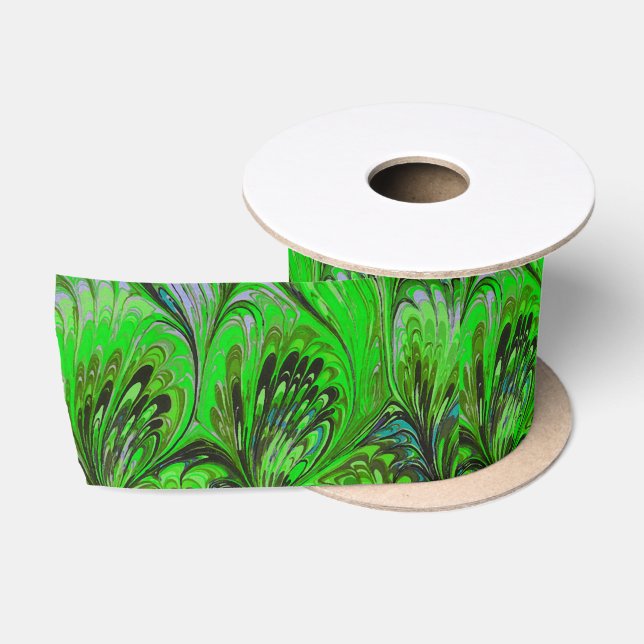 MARBLED PAPER,ABSTRACT GREEN PEACOCK PATTERN SATIN RIBBON (Spool)