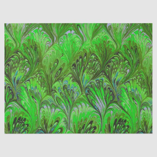 MARBLED PAPER,ABSTRACT GREEN PEACOCK PATTERN TISSUE PAPER (Front)
