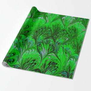 MARBLED PAPER,ABSTRACT GREEN PEACOCK PATTERN WRAPPING PAPER