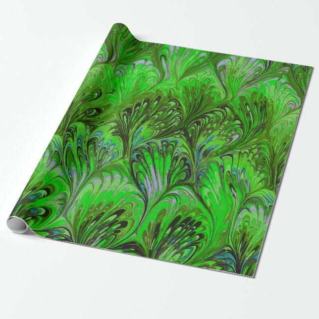 MARBLED PAPER,ABSTRACT GREEN PEACOCK PATTERN WRAPPING PAPER (Unrolled)