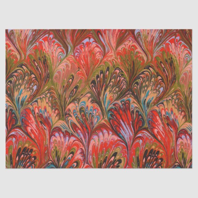 MARBLED PAPER,ABSTRACT RED BLUE PEACOCK PATTERN TISSUE PAPER (Front)