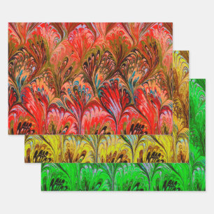 MARBLED PAPER,ABSTRACT RED GREEN YELLOW PATTERN  WRAPPING PAPER SHEET