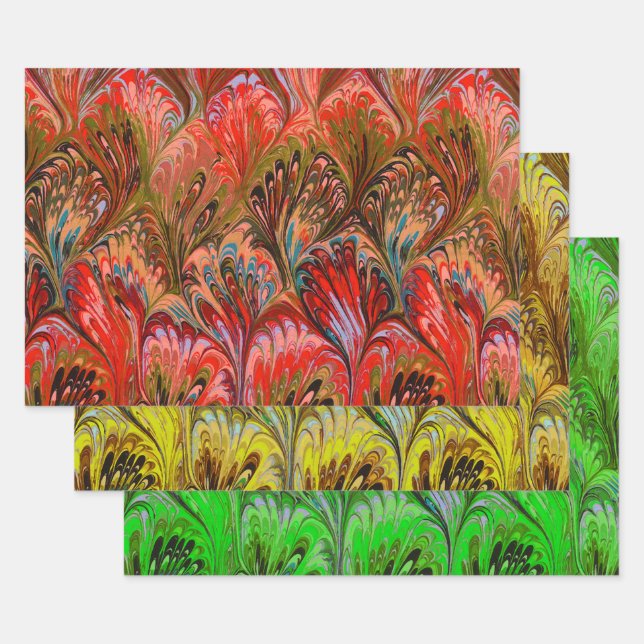 MARBLED PAPER,ABSTRACT RED GREEN YELLOW PATTERN  WRAPPING PAPER SHEET (Set)
